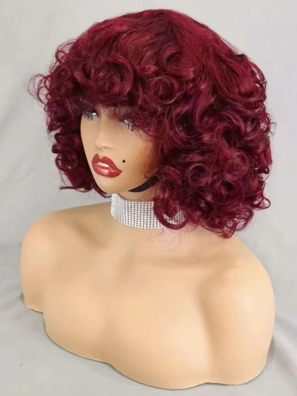 Bouncy Curly Human Hair wigs with bangs 200% density, curly bob wigs Color burgundy - Image 4