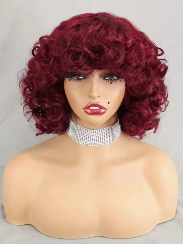 Bouncy Curly Human Hair wigs with bangs 200% density, curly bob wigs Color burgundy