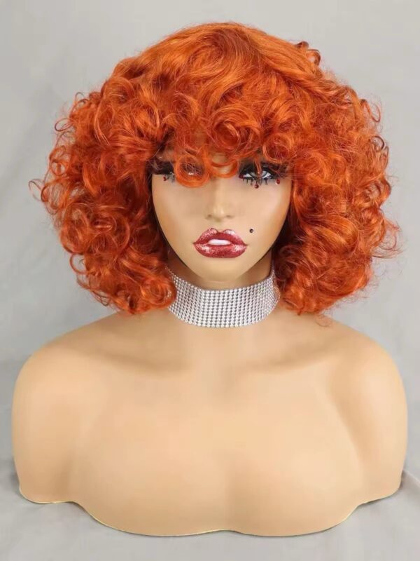 Bouncy Curly Human Hair wigs with bangs 200% density, curly bob wigs Color #350 = Orange