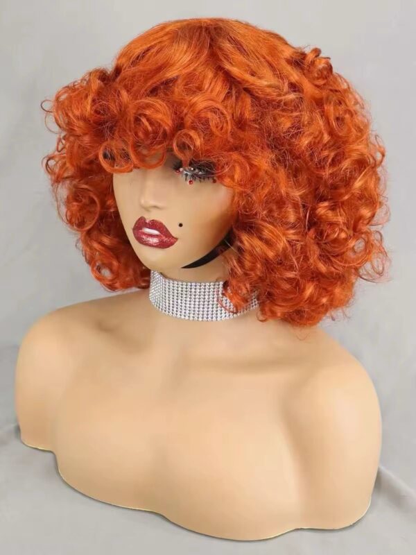 Bouncy Curly Human Hair wigs with bangs 200% density, curly bob wigs Color #350 = Orange - Image 2